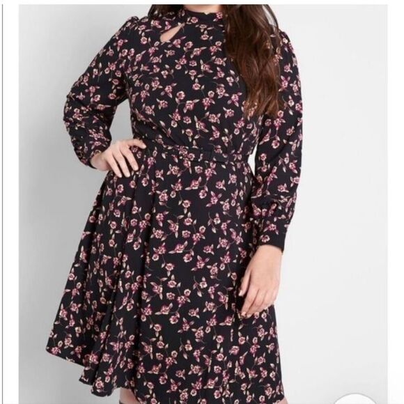 MODCLOTH Enjoy Every Moment Midi Dress Black Floral Long Sleeve Size 22 No Belt - Picture 1 of 12